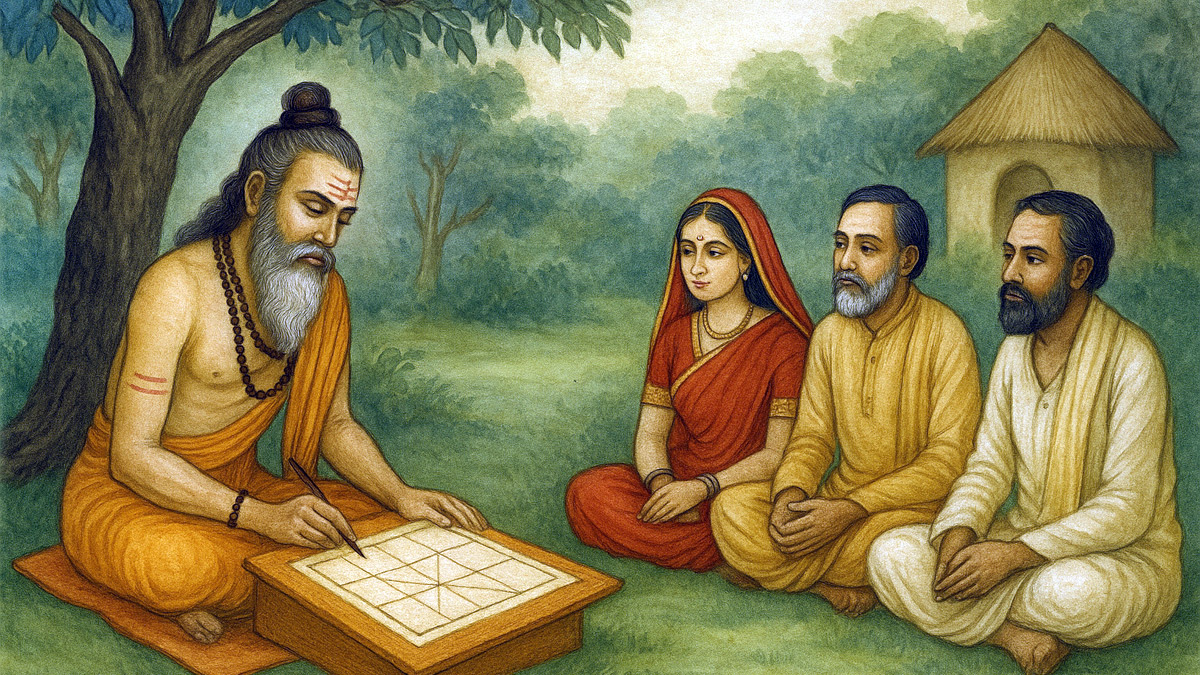 Rishi Performing Kundli Matching under Tree – Traditional Indian Scene
